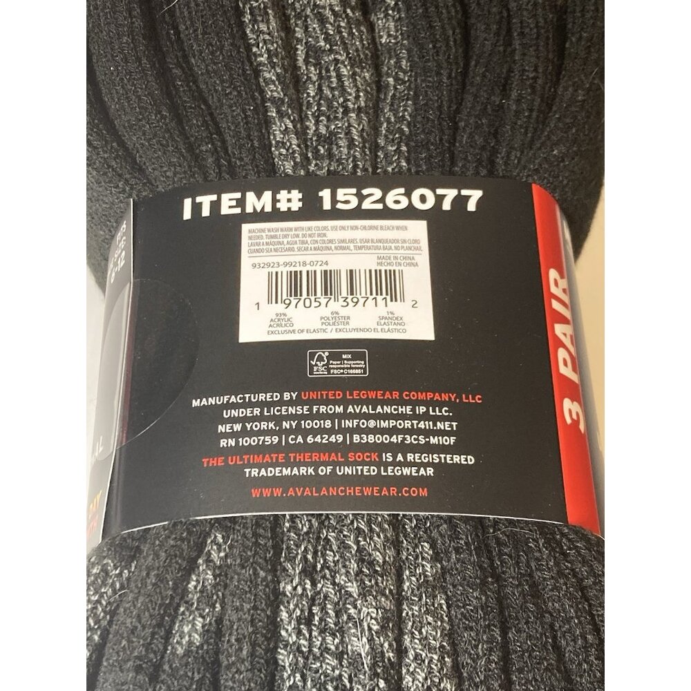 Avalanche Ultimate Thermal 3 Pack Socks Black Mens crew brushed lining 6-12 Sz - Picture 4 of 4